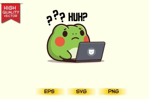 Cute Confused Frog at Laptop Embroidery Design