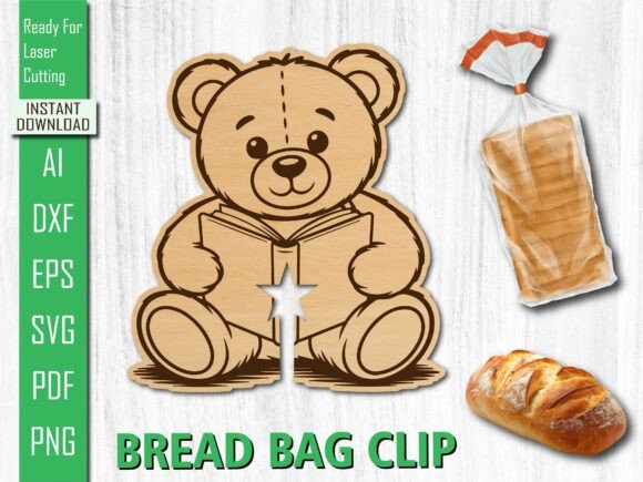 Laser Cut Reading Teddy Bear Bread Clip